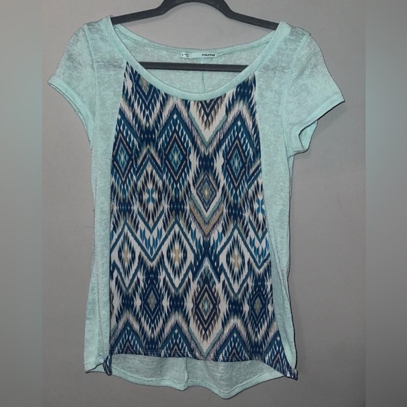 Maurices Teal and Navy Geometric Short Sleeve Top - Picture 1 of 3